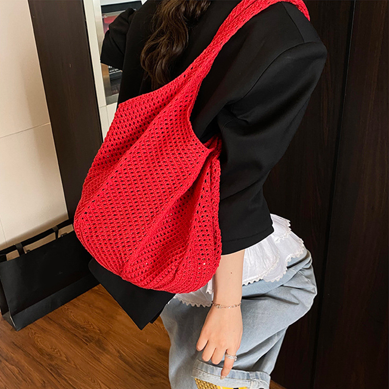 Women Crochet Tote Bag Large Capacity Woven Shoulder Bag Fashionable Solid Color Shopping Bag for Beach & Everyday Use