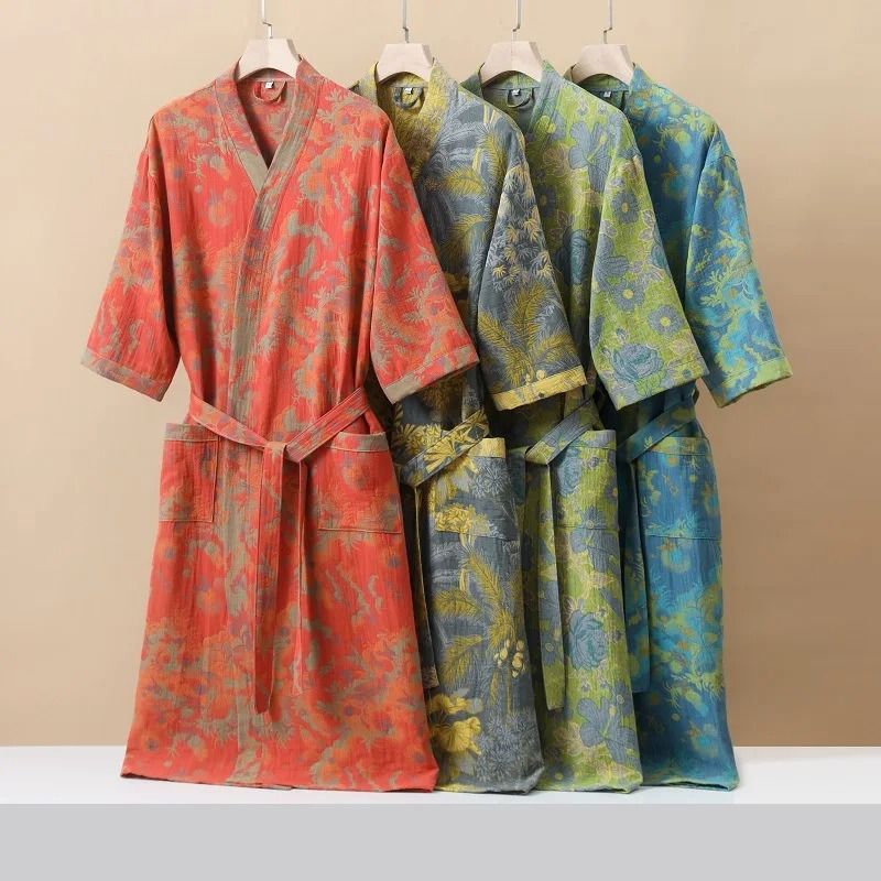Fashionable Printed Cotton Kimono Robe – Professional Thin Spring/Summer Absorbent Home Wear