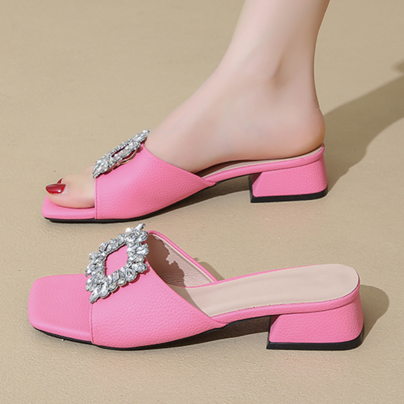 Luxury Summer Women Sandals, Rhinestone Square Top Slippers, Fashion Light Comfort High Heel Flat Shoes