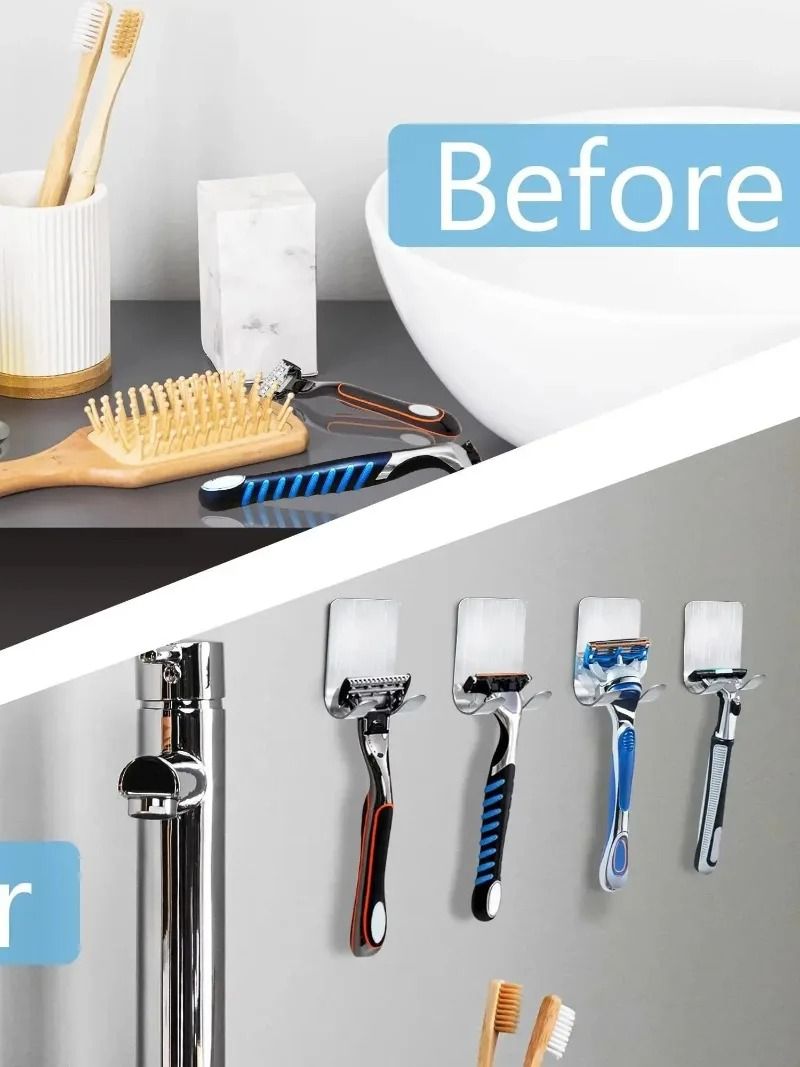 Stainless Steel Razor Holder Wall Mount Shaver Storage Hook Set