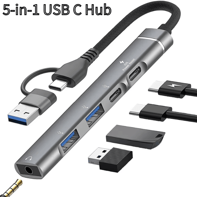 FlexiHub USB-C to 3.5 mm Audio & USB Adapter – Multi-Port OTG Hub Connector for Laptops & Computers