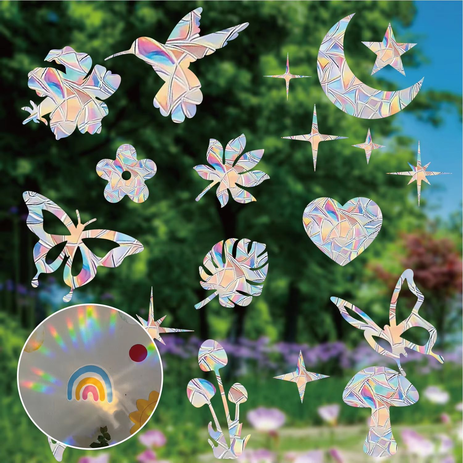 Rainbow Prism Window Sticker for Glass Cat Stars Moon Anti Collision Decoration