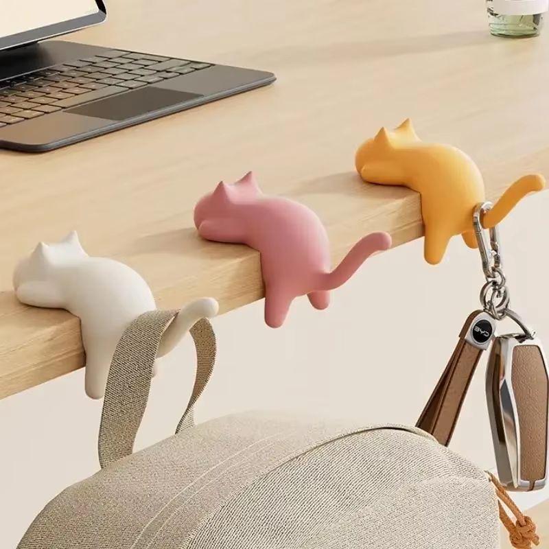 Cat Shaped Desk Side Backpack Hook No Punch Strong Load Bearing Foldable Hanger 1 or 2pcs