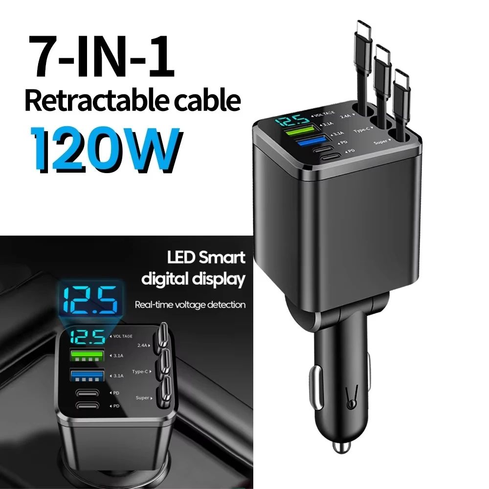 7 in 1 Retractable Car Charger 120W Fast Charging