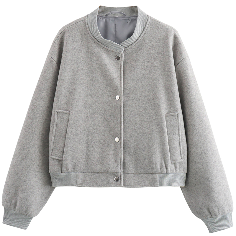 Autumn Crop Womens Bomber Jacket Soft Tweed Outerwear Black Grey Khaki Beige Darkgrey Long Sleeve O Neck Coat