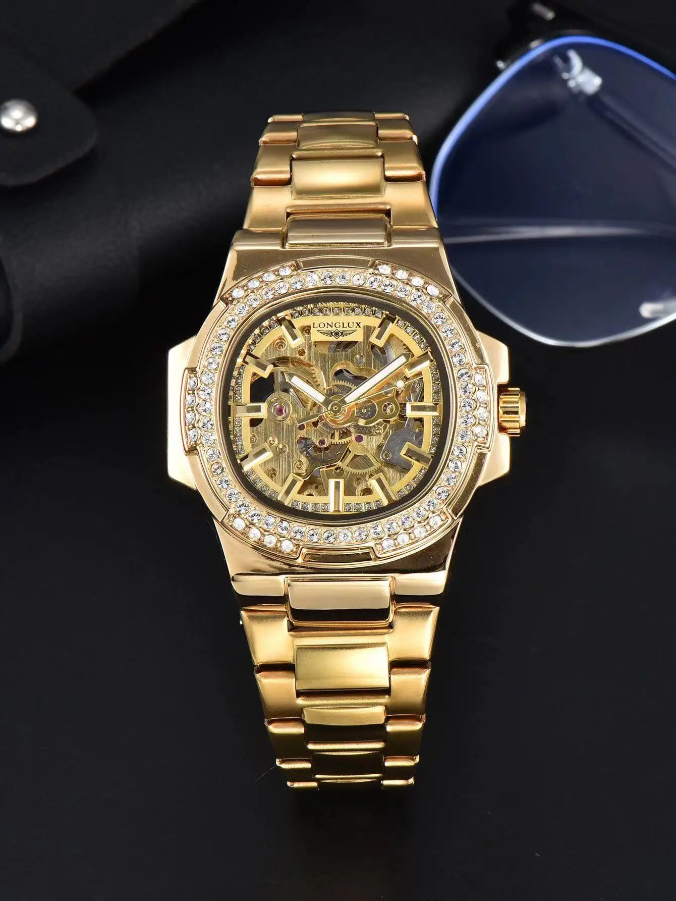LONGLUX Luxury Skeleton Automatic Men's Diamond Stainless Steel Watch