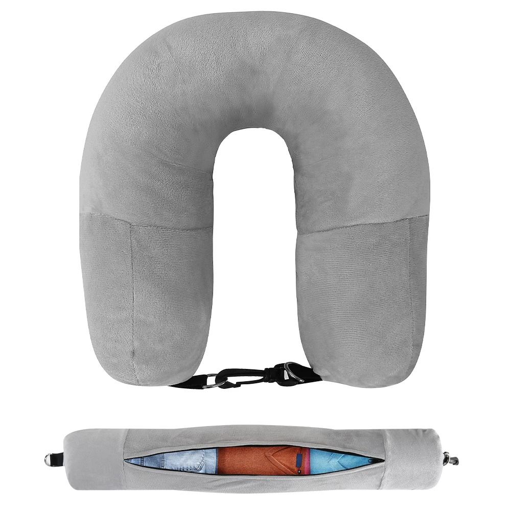 Travel Neck Pillow With Fillable Clothing Insert And Velvet Cover