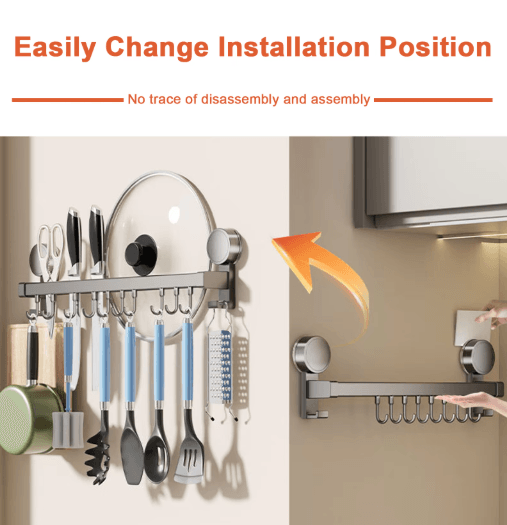 Wall Mounted Kitchen Hook Rack No Drill Utensil Hanger Rail with Chopping Board Holder