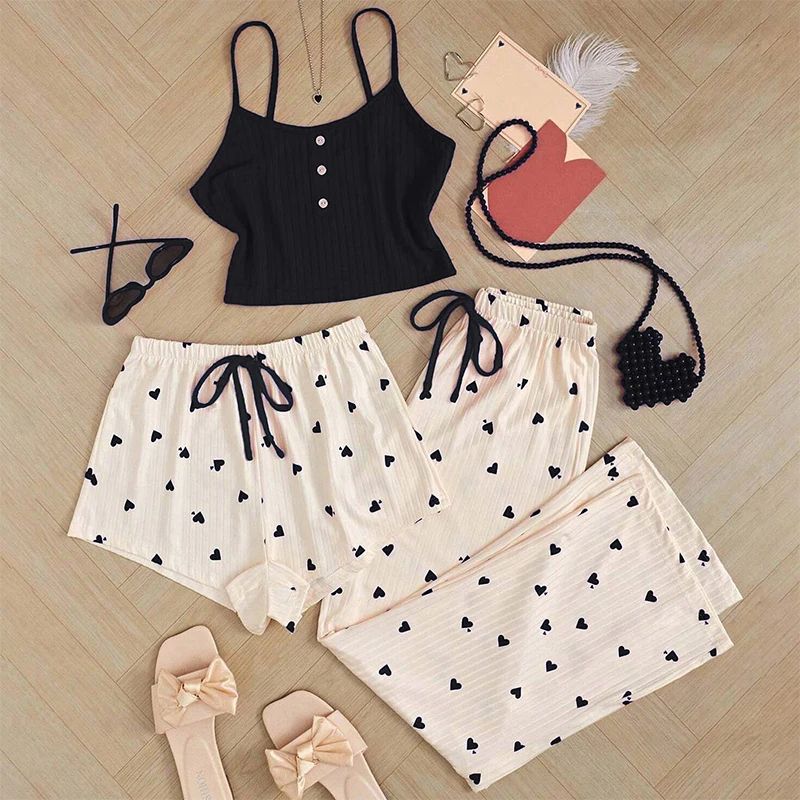 Women Three Piece Heart Print Ribbed Pajama Set