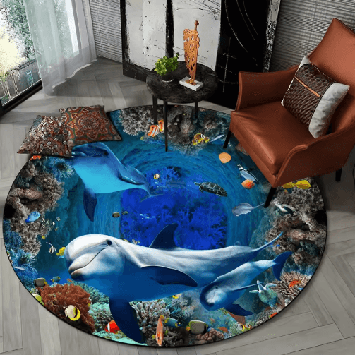 3D Ocean Dolphin Area Rug – Non-Slip Underwater Illusion Round Carpet