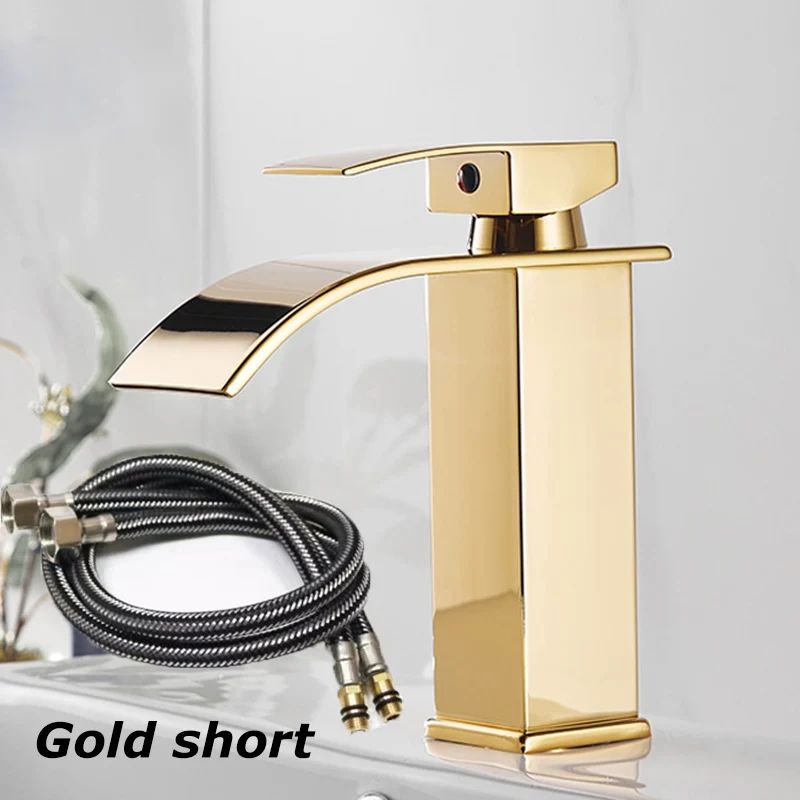 Matte Black Waterfall Bathroom Faucet with Hot & Cold Supply Lines