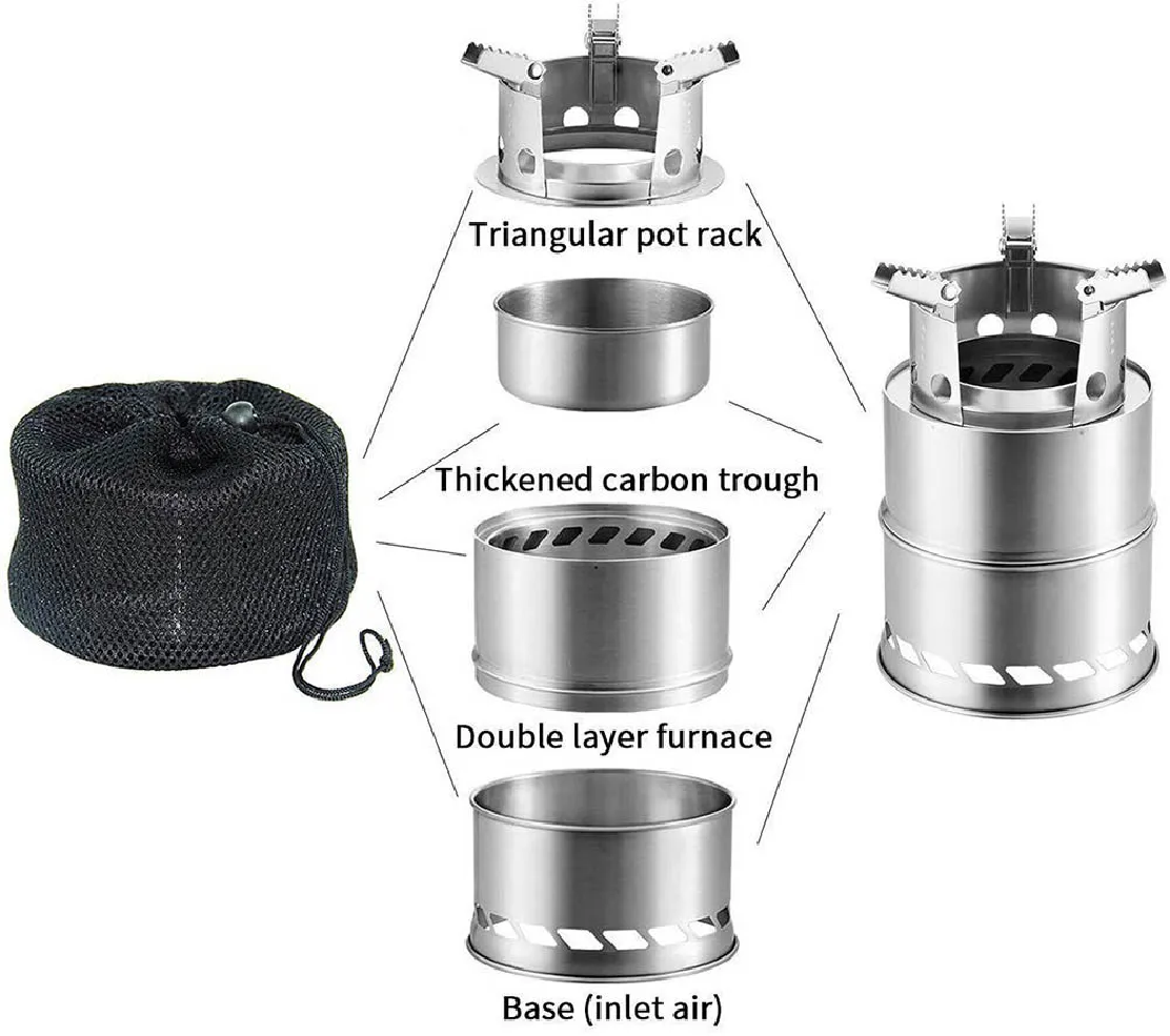 Portable Wood Burning Camping Stove Lightweight Stainless Steel Backpacking Cooker