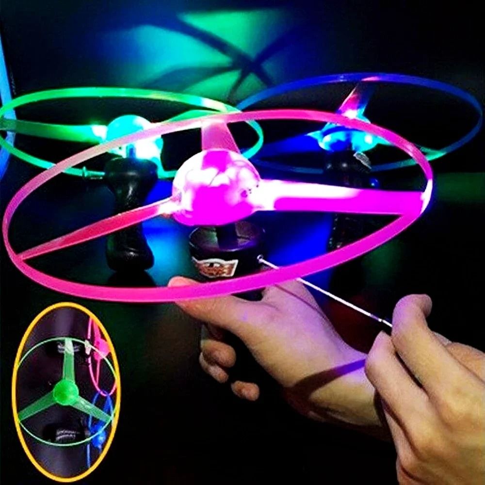 Kids Luminous Flying Disc Propeller Toy With LED Lighting Pull String Launcher