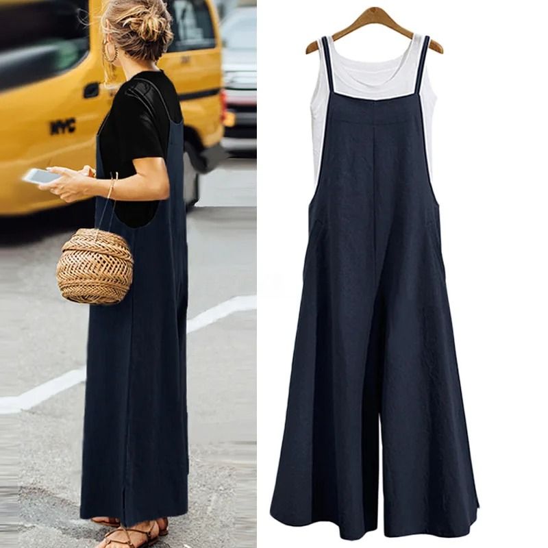 Womens Cotton Linen Wide Leg Jumpsuit – Casual Sleeveless Summer Overalls with Adjustable Straps
