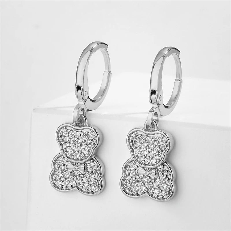 Zircon Teddy Bear Drop Hoop Earrings For Women And Girls