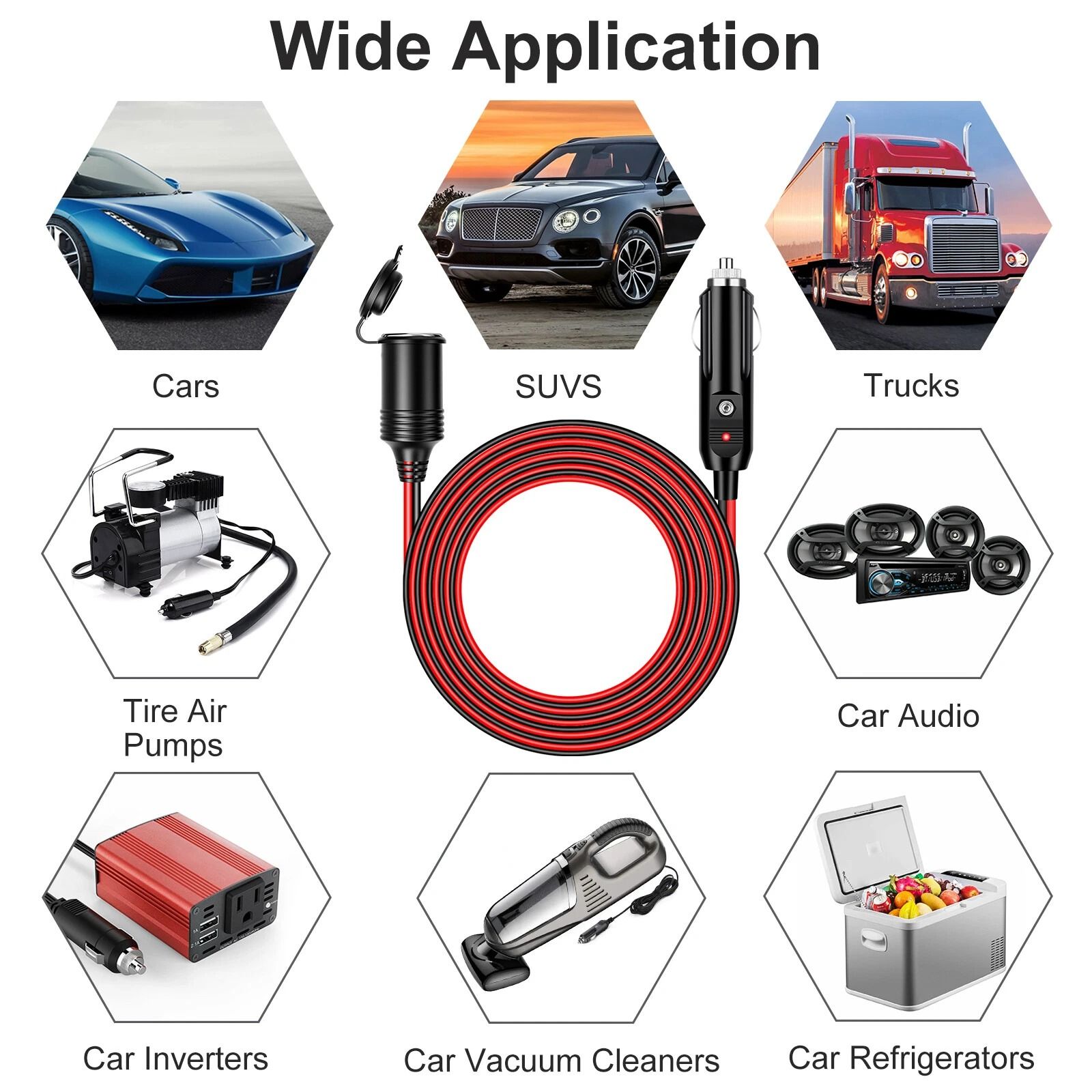 Car Cigarette Lighter Extension Cable, Heavy Duty Power Adapter for Vehicles