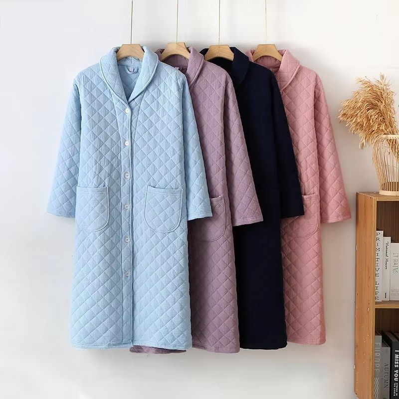 Women's Warm Cotton Long Sleeve Bathrobe for Autumn and Winter