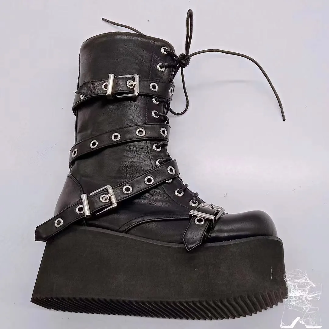 Trendy Autumn Women Boots, Buckle Wedges Platform Combat Boots, Punk Goth Street Style Round Toe Boots