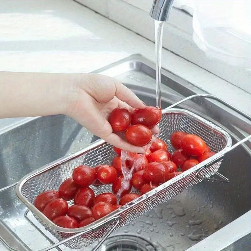 Adjustable Stainless Steel Over-the-Sink Colander Basket – Expandable Mesh Strainer for Fruits,Vegetables & Kitchen Prep