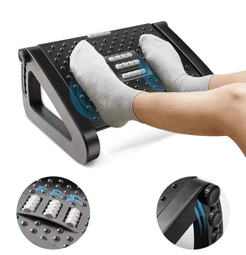 ErgoEase Under Desk Footrest – Adjustable Ergonomic Foot Stool with Massage Rollers