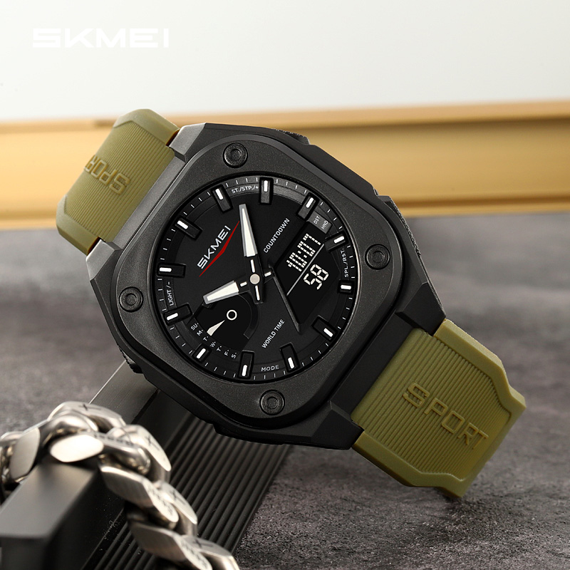 Men Dual Time Electronic Watch, 5 Alarm, Countdown Timer, Waterproof with Date, Week, Daylight Saving