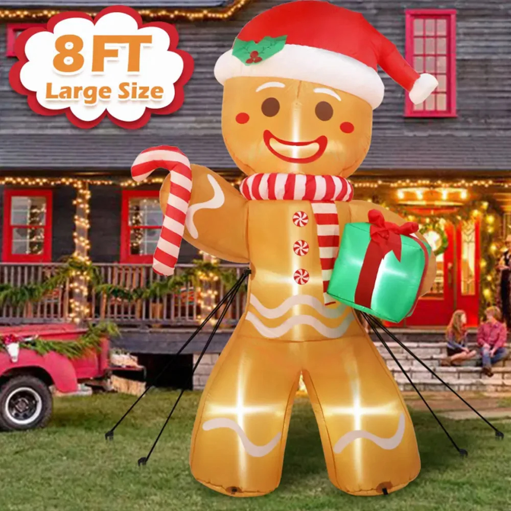 8FT/2.4M Christmas Inflatables Gingerbread Man with Gift Pack Outdoor Decorations Xmas Yard Decorations with LED Lights