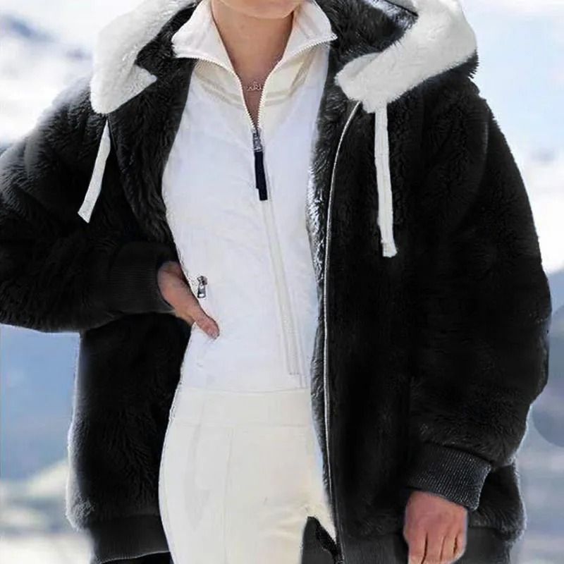 Womens Oversized Fleece Jacket Hooded Plush Winter Coat Casual Zip Up Warm Y2K Style Jacket