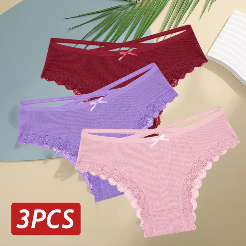 Women's 3-Piece Cotton Low-Rise Lace Brazilian Panties Set Breathable Soft Underwear S-XL