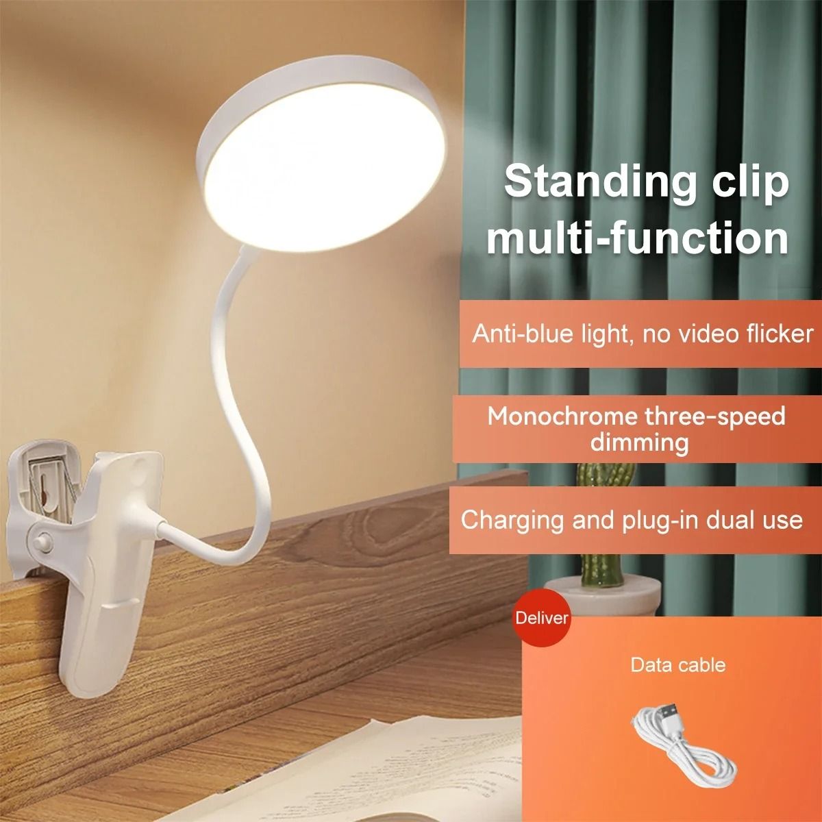 USB Rechargeable Desk Lamp LED Clip Reading Light with Eye Protection and 3 Dimming Modes