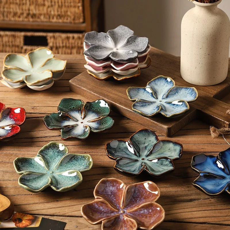Vintage Flower Shaped Ceramic Sauce Dish Multi Color Mini Decorative Plate