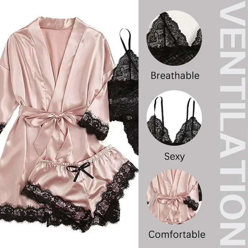Womens Satin Sleepwear Four Piece Pajama Set with Robe Lace Nightwear
