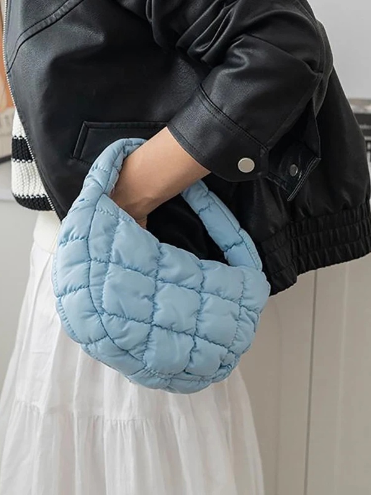 Elegant Purple Soft Nylon Mini Puffer Tote Bag Quilted Circle Phone Purse Simple Trend Handbag