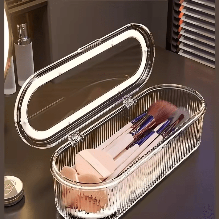 Clear Makeup Brush Organizer – Acrylic Brush Holder with Lid Dustproof Cosmetic Storage Box for Vanity
