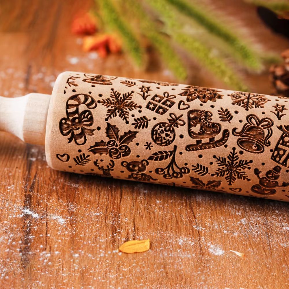 Christmas Leaf Hive Wooden Embossed Rolling Pin – Deep Engraved Holiday Baking Tool for Cookies, Pastry & Fondant