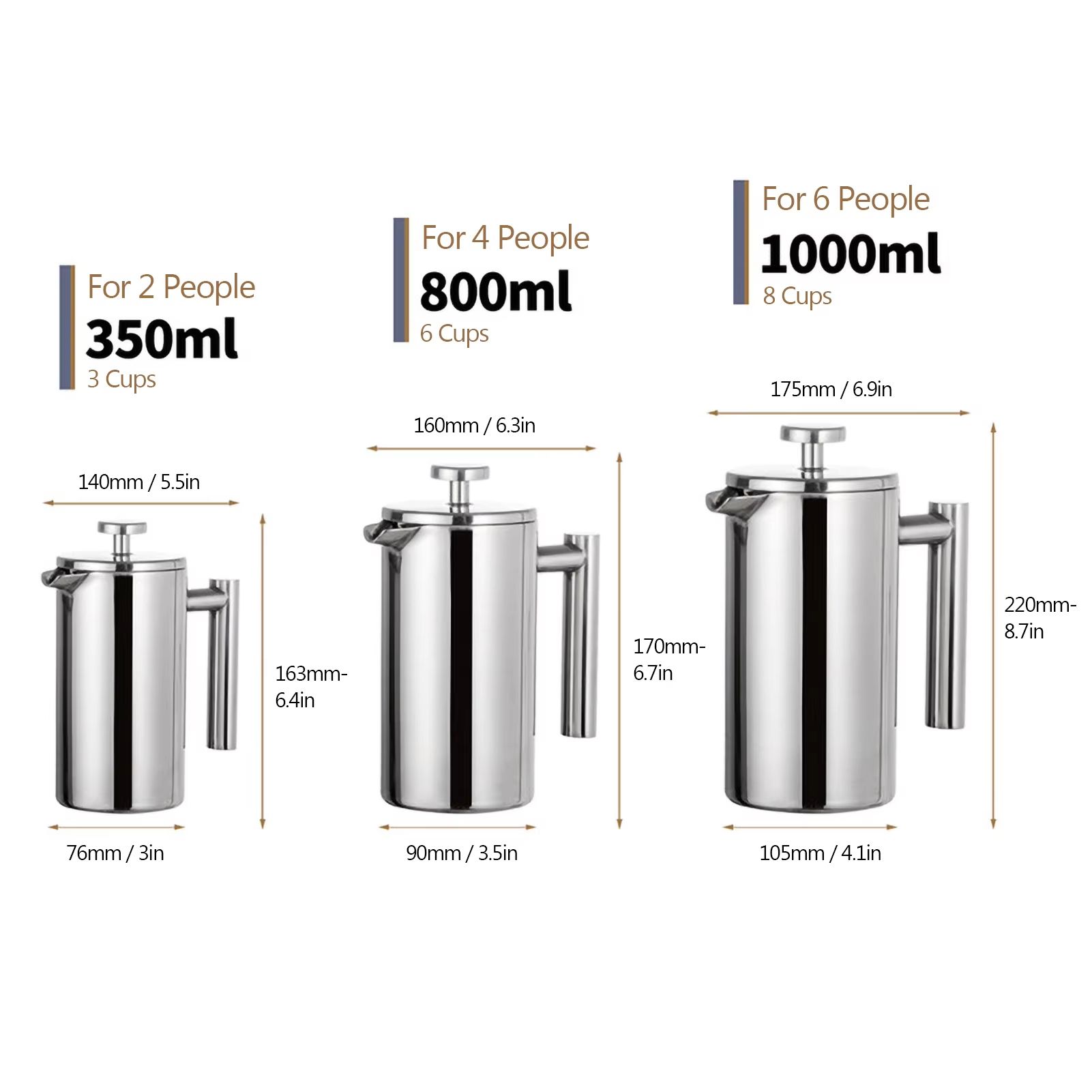 Stainless Steel French Press Coffee Maker – Double Wall Insulated Coffee Pot (11.83fl oz / 27.05fl oz / 33.81fl oz)