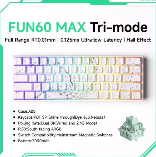 MONSGEEK FUN60 PRO & MAX HE Magnetic Switch 60% Wireless Gaming Keyboard with Rapid Trigger & 8K Polling