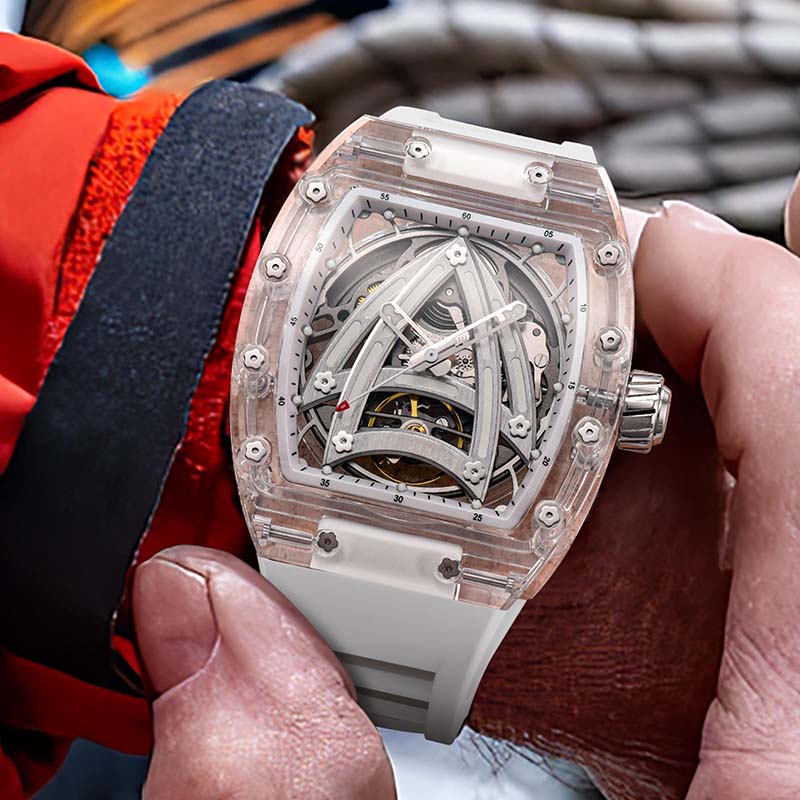Luxury PINDU Men Mechanical Watch, Skeleton Design, Sapphire Glass, Waterproof Stainless Steel Automatic Wristwatch
