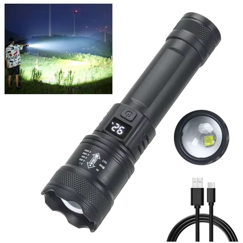 USB Rechargeable 2000LM Tactical LED Flashlight with Zoom and Display