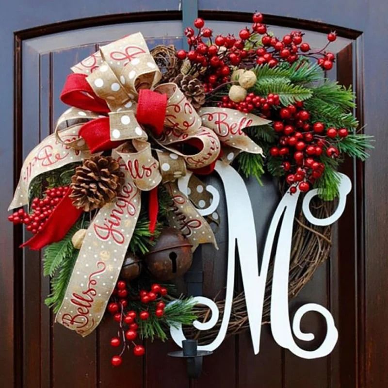 Christmas Letter Wreath with Red Berry Accents for Door Decor