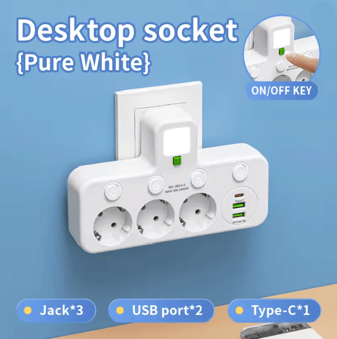 EU Multi Socket Wall Plug Adapter Four Way Power Socket Space Saving Design