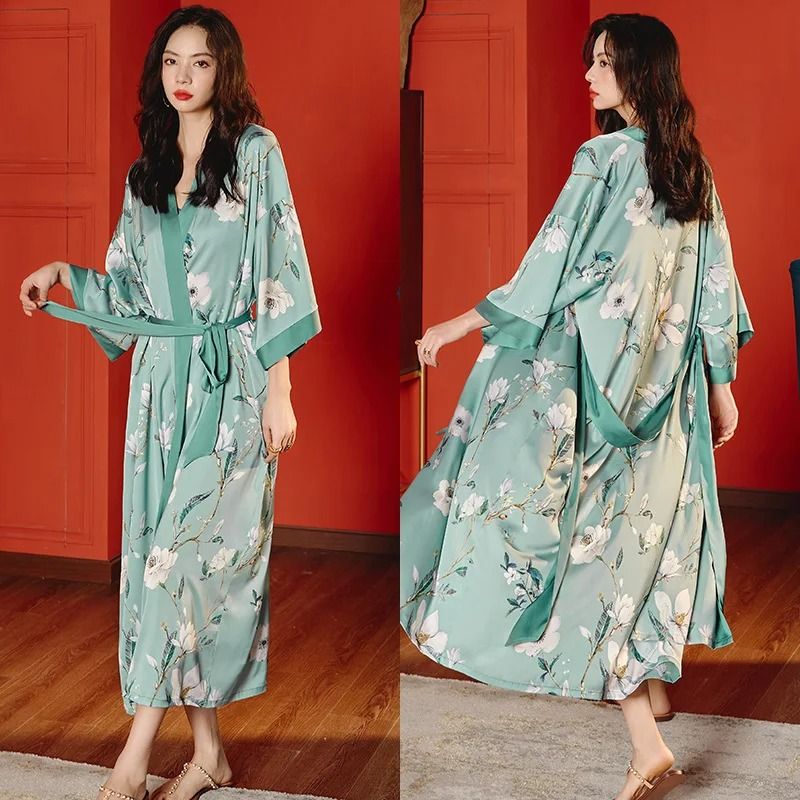 New Spring Summer Female Long Robe Set – Sexy Flower Print Kimono & Silk Satin Casual Lounge Wear