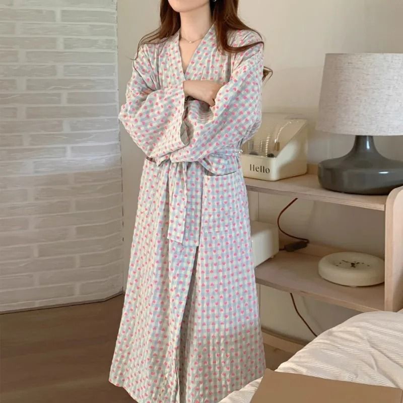 Love Plaid Long Kimono Robe Set – Professional V-Neck Bathrobe & Lace-Up Trousers Nightgown