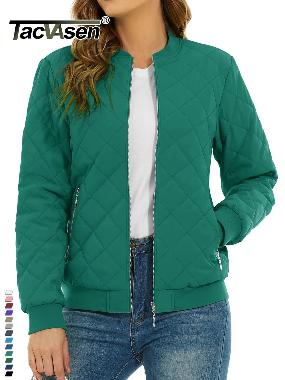 Womens Diamond Quilted Bomber Jacket Full Zip Warm Padded Coat
