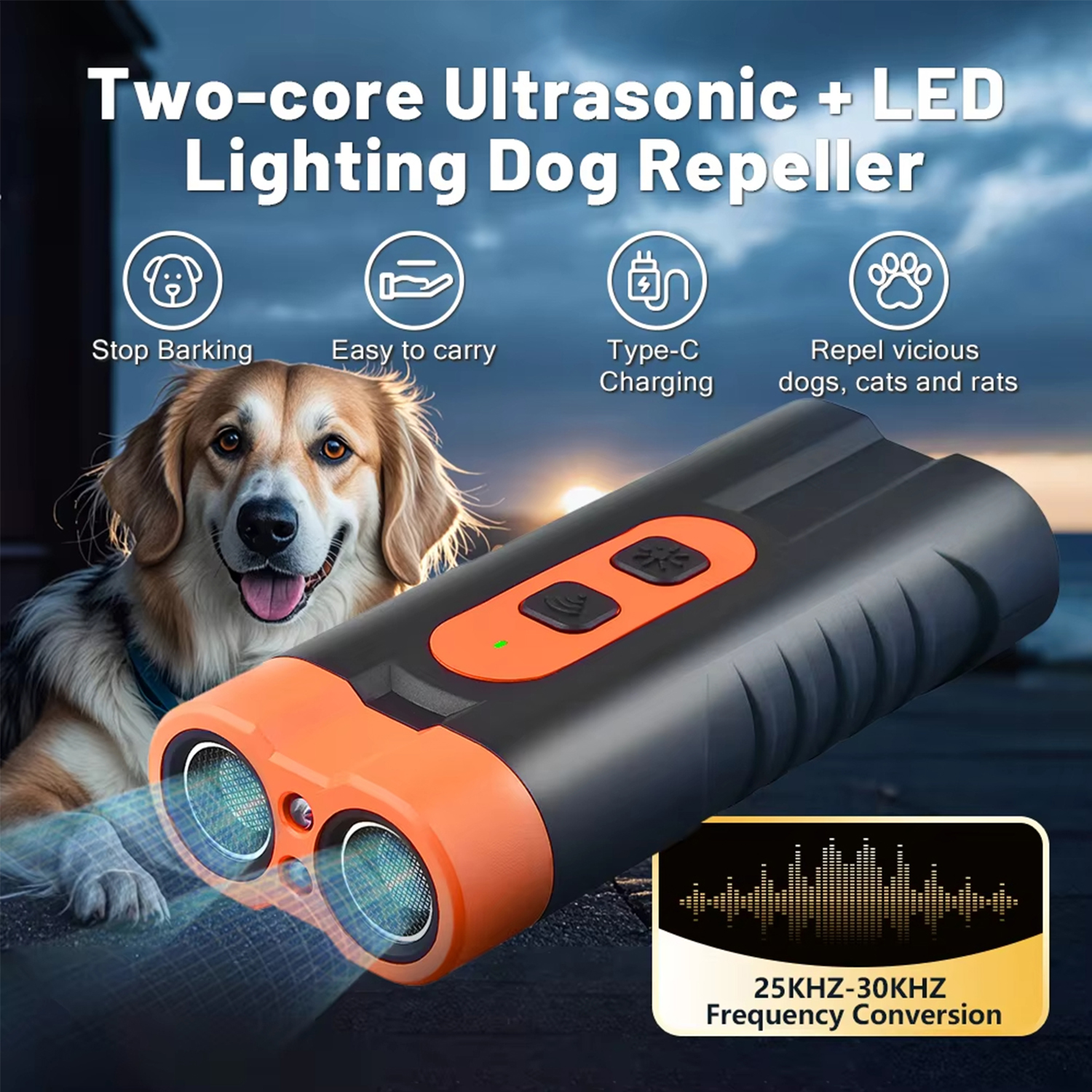 Dual Head Ultrasonic Dog Repeller Rechargeable Anti Bark Device with LED Light