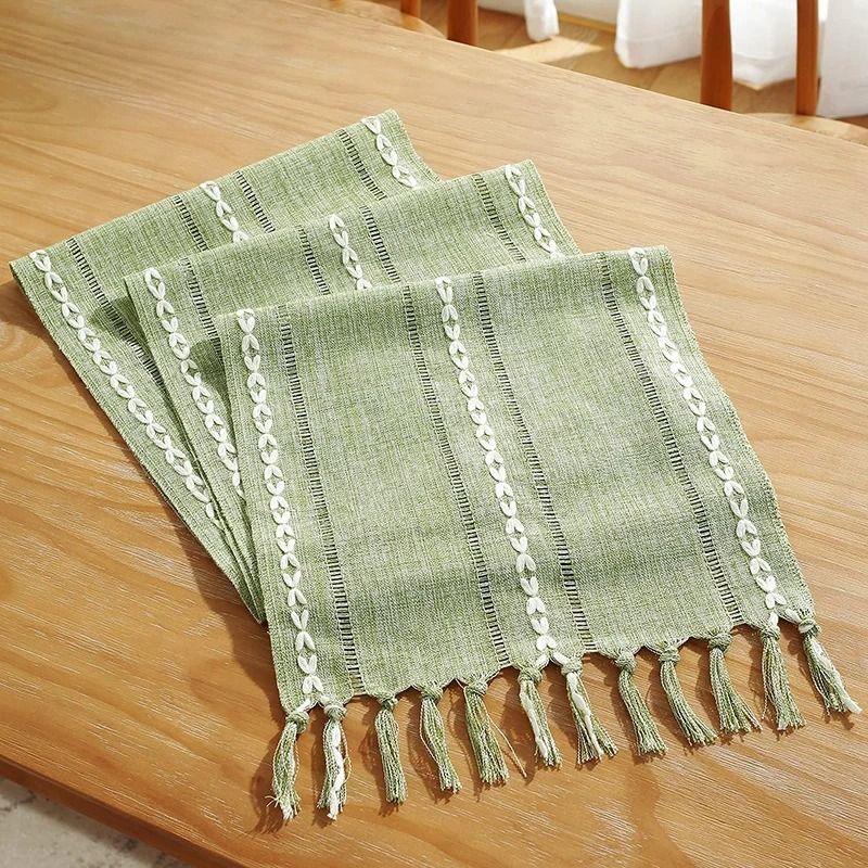 Green Boho Table Runner with Tassels Farmhouse Cotton Linen Dining Decor