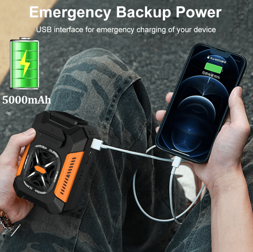 Portable USB Rechargeable Waist Clip Fan – 5000mAh Outdoor Cooling Fan with Power Bank & LED Light
