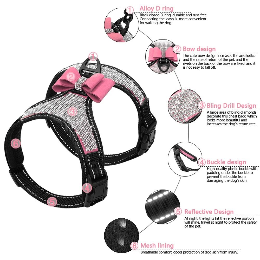 Reflective Rhinestone Dog Harness Vest with Bow Accent