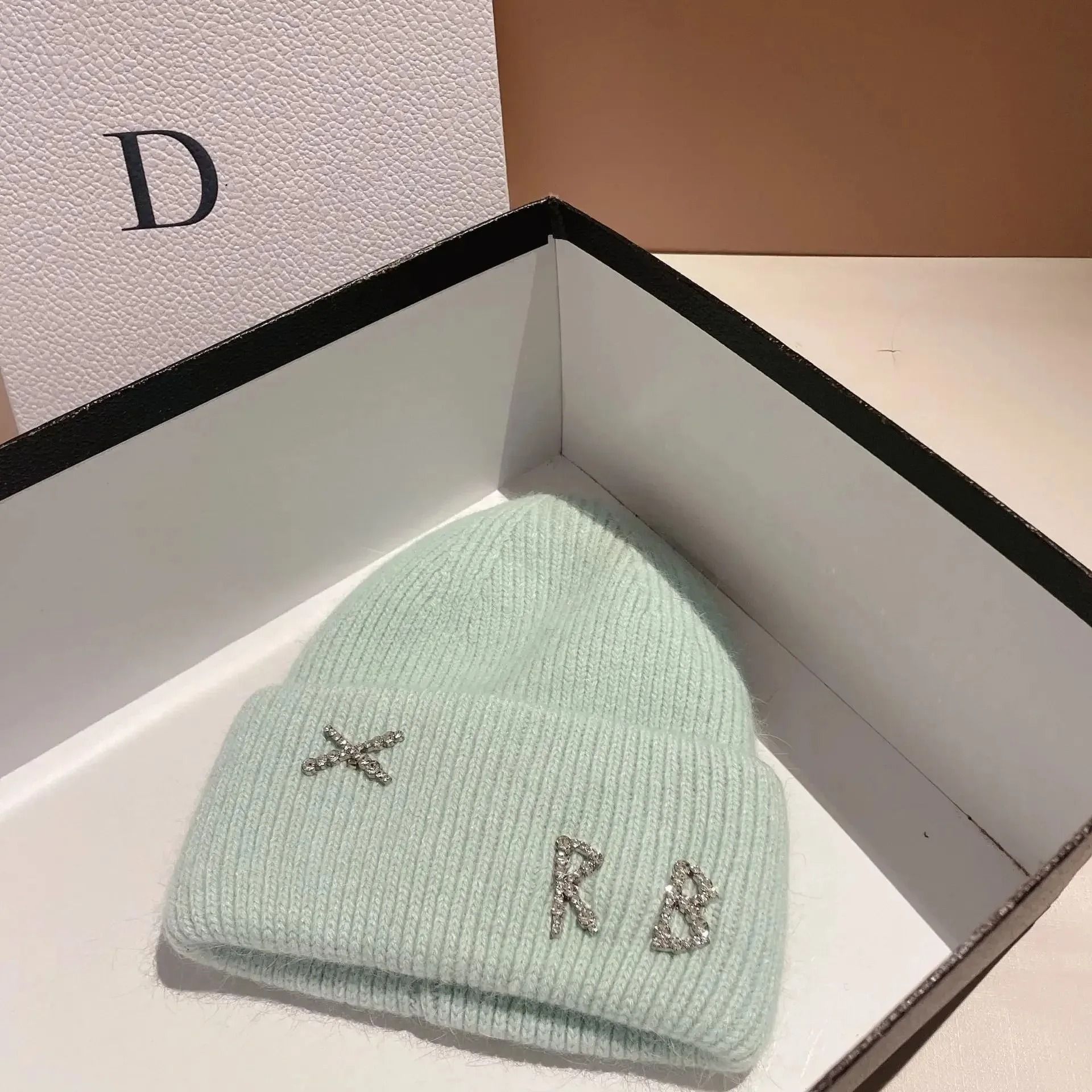 Diamond-Embellished Rabbit Fur Blend Thermal Beanie