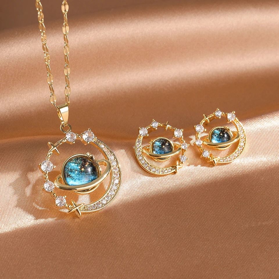 ZAKOL 2Pcs Titanium Steel Planet Round Earring Necklace Sets Niche Fashion Female Jewelry Gift