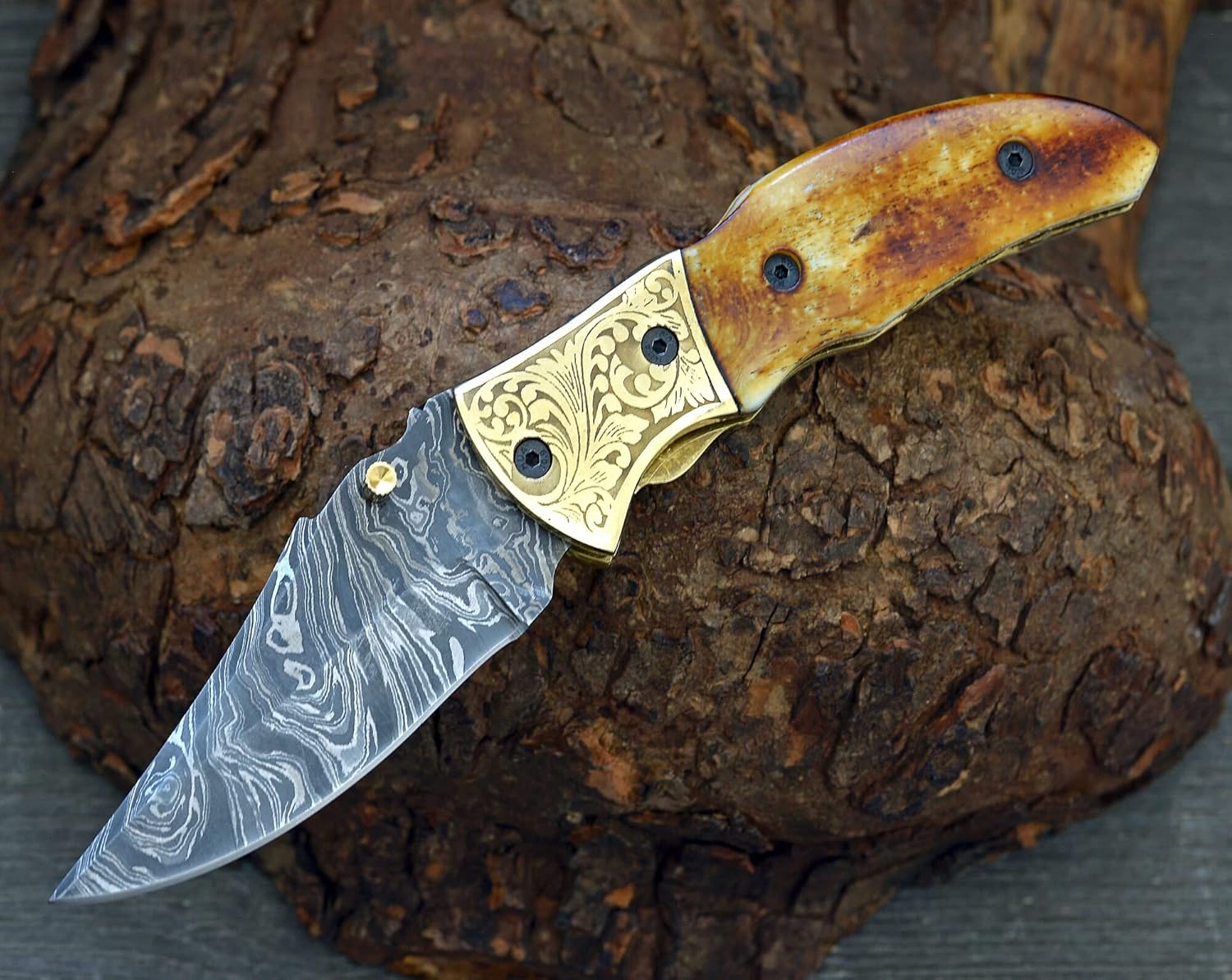 Pocket Knives & Folding Knives for Men & Women Personalized Engraved High Carbon Steel Damascus Blade (Burn Bone)